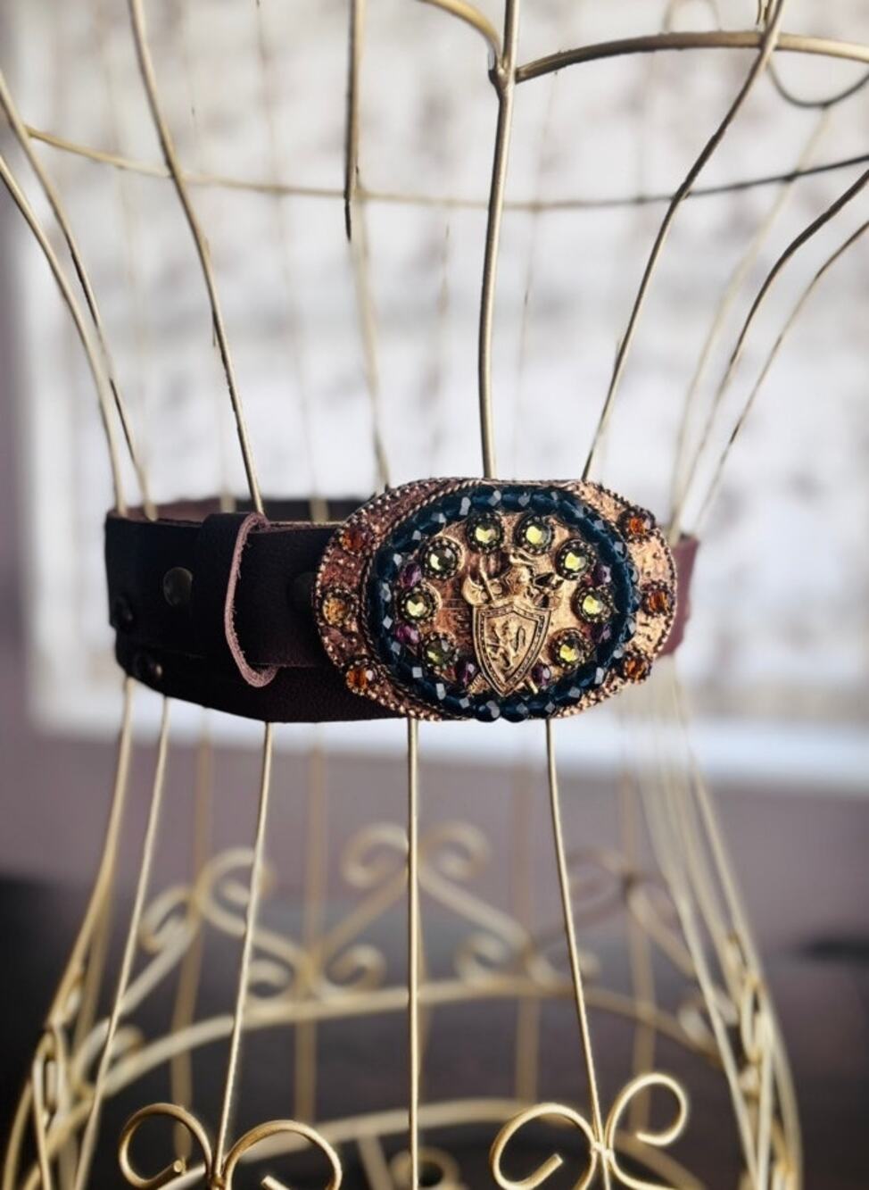 Vintage Brown Leather Jeweled Shield Buckle Belt Size 32